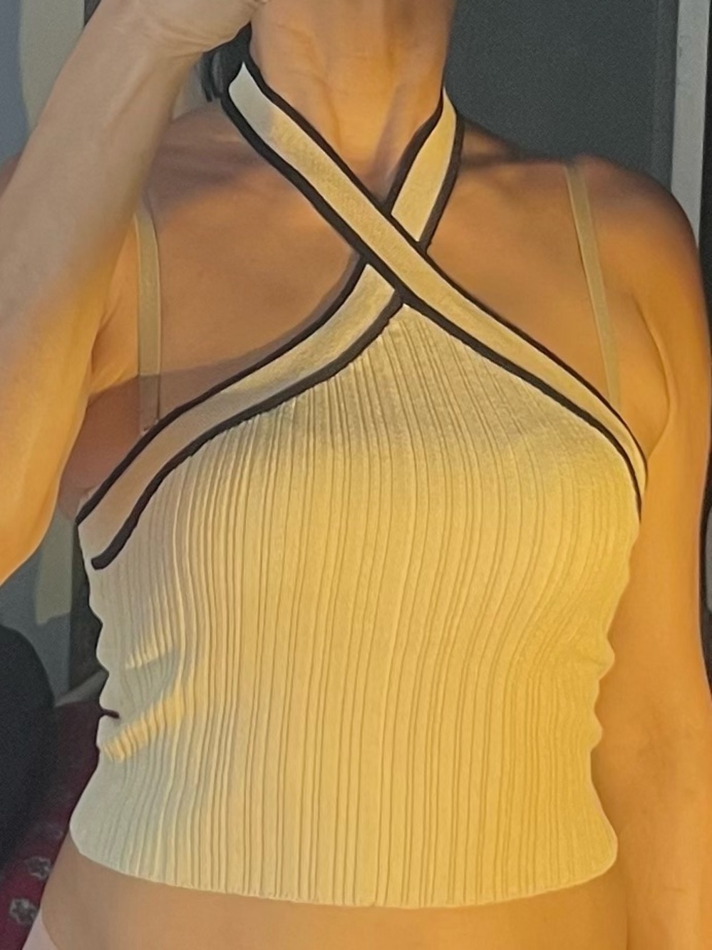 Tan Cream Ribbed Halter Crop Top with Contrast Trim NEW without tag Small